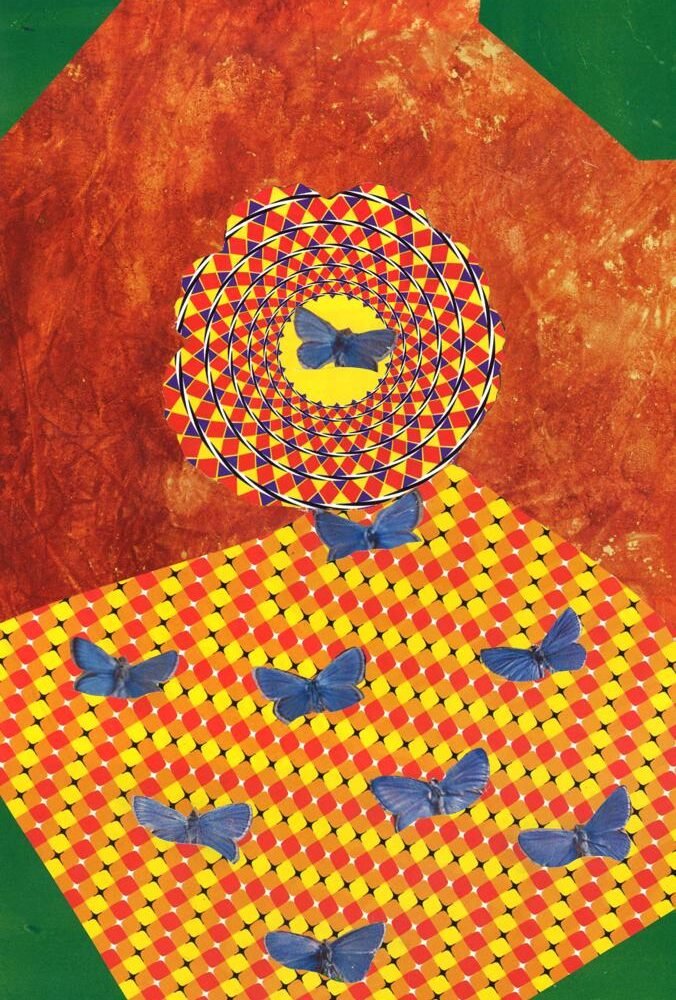 "L'envol du Papillon bleu" est un collage de Giwhizart qui symbolise la transformation et l’émancipation, illustrant la beauté du mouvement dans un mélange de formes fluides et de couleurs apaisantes.