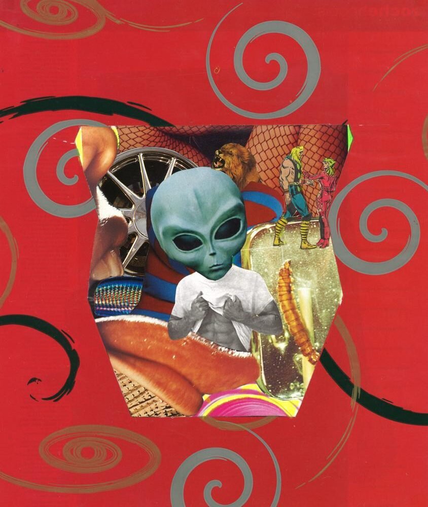 "Miam mon Héro" est un collage papier de Giwhizart qui mêle fantaisie et satire, créant une scène intrigante où la nourriture et le personnage héroïque se rencontrent dans une ambiance surréaliste.