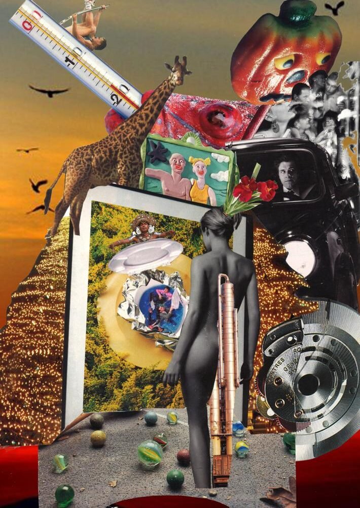 "Les fillancaille d'Huguette" est un collage papier de Giwhizart, où l’artiste mixe des éléments d’absurde et de poésie pour évoquer un monde en constante transformation, avec une touche d’humour et de fantaisie.